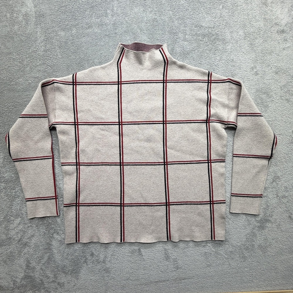 Tahari Sweater Womens L White Check Mock Neck Tight-Knit Pullover Lightweight